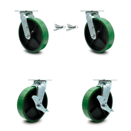 Service Caster 8 Inch Green Poly on Steel Caster Set with Ball Bearings 2 Swivel Lock 2 Brake SCC-30CS820-PUB-GB-BSL-2-TLB-2